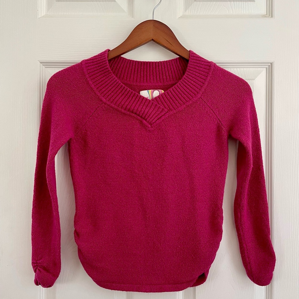 Vintage OP Pink V-Neck Sweater Knit Long Sleeve with Runched Sleeves and Sides